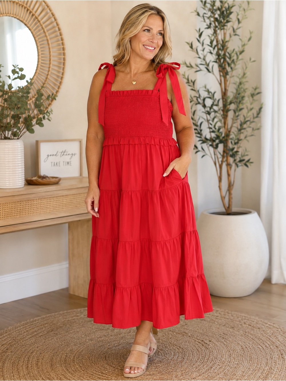 NWT Heyson Red Smocked Tie Strap Midi Dress with Pockets | Med